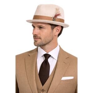 Brixton Cream Felt Fedora Hat with Tan Band & Feather – Size XS (54 cm)